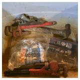 Tote of tools lot pipe wrenches grease +