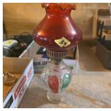Glass Oil Lamp with Red Ruffled Shade