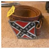 Brown Leather Belt with Confederate Flag Buckle