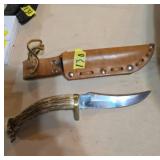 Hunting Knife with Antler Handle and Sheath