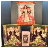 3 Holiday Barbies & 1 Holiday Barbie Ornament