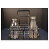 Vintage Metal Milk Crate Carrier & Two Milk Bottle