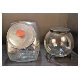 Large Glass/Aluminum Canister & Glass Lidded Bowl