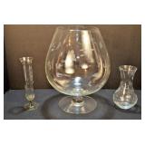 Etched Glass Centerpiece Bowl and Two Vases