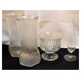 Three glass vases and 1 glass centerpiece