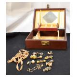 Jewelry Box with necklaces, bracelet, and clipon e