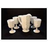 Milk glass pitcher and six goblets