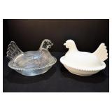 Glass and Milk Glass Covered Chicken Bowls