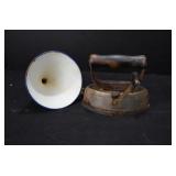 Vintage Enamel Funnel and Sad Iron