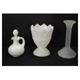Milk Glass Vase, Cruet, Candlestick Holder