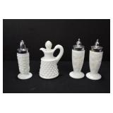 Milk Glass Cruet and Three S&P Shakers