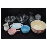 Large assortment of Pyrex, pottery, milk glass