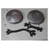 2 Voltswagon Hub Centers & 2 Vintage Tire Tools