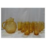 Glass Amber Pitcher with Matching Glass & 8 Mugs