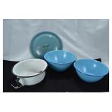 Blue Enamel Bowls and White Enamel Pot & Lid