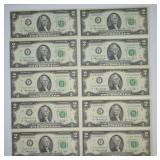 10 pcs. Sequential 1976 $2 Notes - Crisp