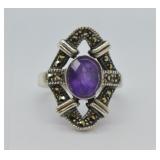 Sterling Silver Amethyst & Marcasite Ring