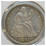 1891 SEATED DIME  AU