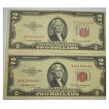 2 pcs. 1953 A $2 Red Seal Notes