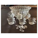 Crystal Punch Bowl, glass cups and plastic ladel