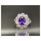 STERLING SILVER RING WITH PURPLE AND WHITE STONES