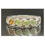 STERLING SILVER RING WITH GREEN AND ORANGE STONES