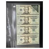Uncut Sheet of (4) Series 2004-A $20 Star Replace