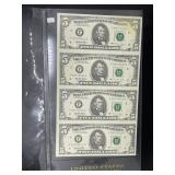 Uncut Sheet of (4) Series 1995 $5 Federal Reserve