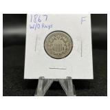 Shield Nickels: 1867 w/o Rays