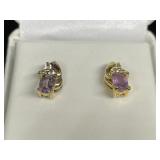 Gold Tone Sterling Silver Purple/White Stone Earri