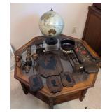 Glass Top Wooden Table, Globe, Wooden Decorations