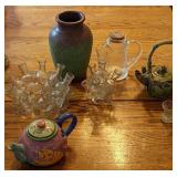 Cool Lot of Tea Pots, Vase, and Glassware