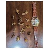 Cat Watch & Assortment of Pins