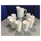 Milk Glass Pitcher & 8 Glasses in Grape Pattern