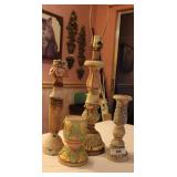 Lot of Vintage Carved Candle Pillars & Lamp