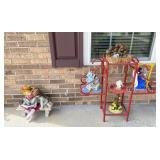 Red Metal Plant Stand w/ Figurines & More