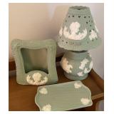 3 Pcs Bisque Ceramic Cameo Design Lamp, Frame & Tr
