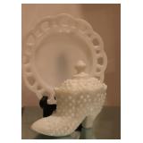 2 Pcs Milk Glass - Fenton Hobnail Shoe Jar