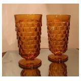 2 Amber Cubist Pedestal Glasses