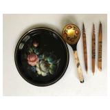 USSR Hand Painted Plate, Pens & Wooden Spoon