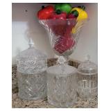 Crystal Canisters & Vase w/ Glass Fruit