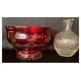 Cranberry Cut to Clear Footed Bowl & Crystal Vase
