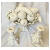 White Bowl of Fruit & Pillar Candlestick Holders