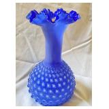 Vintage Fenton Blue Hobnail Ruffle Vase