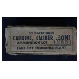 Antique WWII 30 Carbine 50 Round Box & Ammo