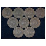 Uncirculated Bittish Large Cents; 9 Pcs.