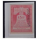 1943 $5 WWII U.S. Auto Tax Stamp, Philatelic Post
