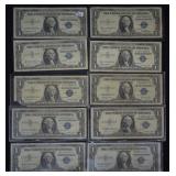 10 pcs. US $1 Silver Certificates