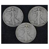 3 pcs. 1937 P, S & D Walking Liberty Half Dollars