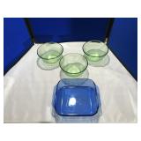 3 Green Bowls & Blue Casserole Dish by Pyrex
